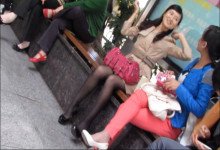 Long-haired ladies with sexy eyes sitting in the public with their lovely feets